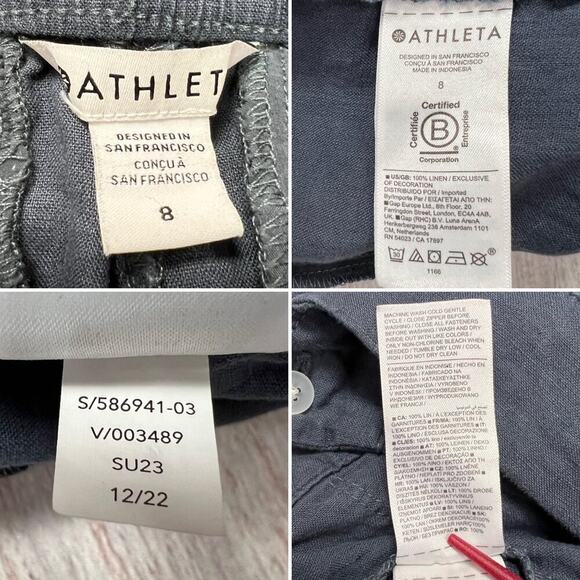 Athleta Voyager Linen Pant High Rise SIZE 8 Granite Blue Adjustable Waist Pocket - Picture 3 of 9